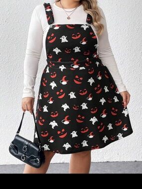 Black Halloween Ghost & Pumpkin Print Jumper Dress